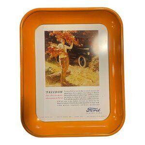 Vintage Ford Motor Company Metal Serving Tray Orange Freedom Woman Car Adverti